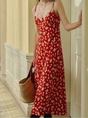 Simple Retro Dress Women M Red Floral Lace Slip Midi Sundress Y2K Smocked